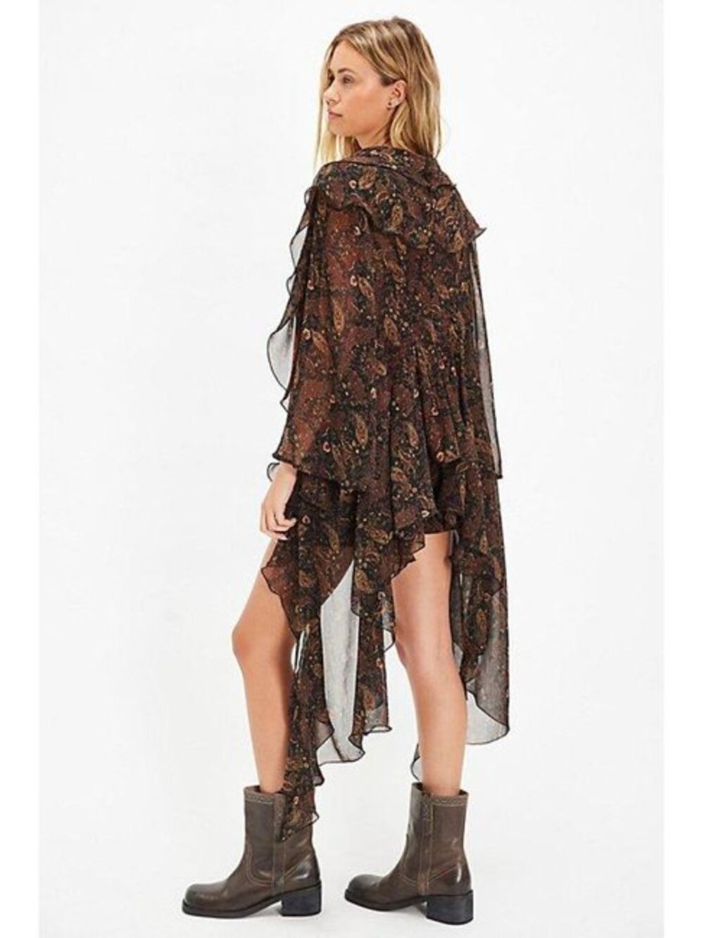 Free People Sheer Brown Paisley Ruffle Duster - Picture 3 of 9